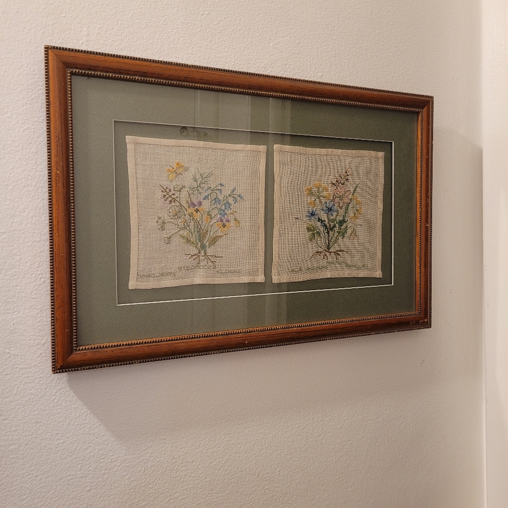 Framed Floral Antique Needlepoint 1900's